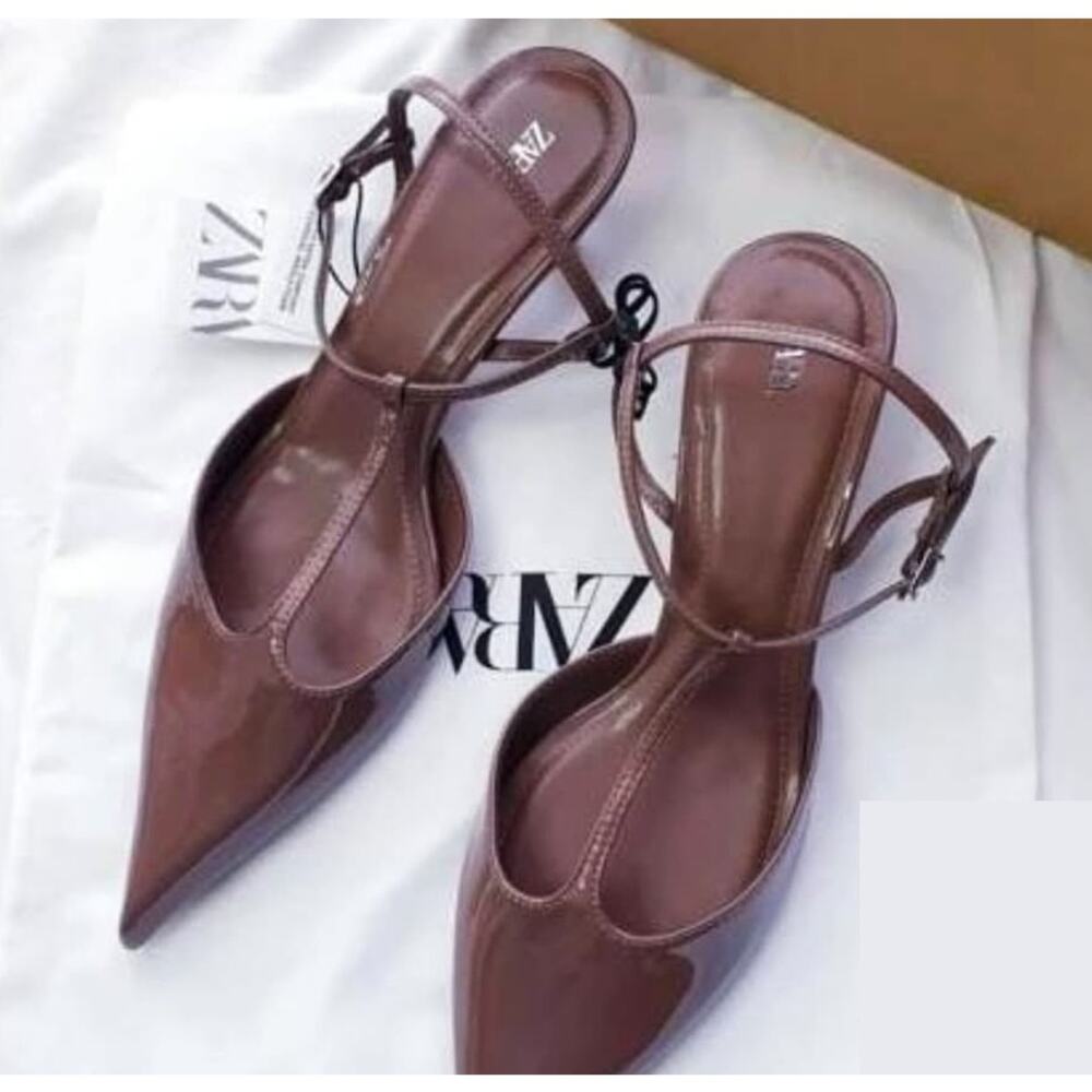 Zara NWT Brown Patent T Strap Slingback Pointed Toe Kitten Heels 9 10 - Picture 13 of 16